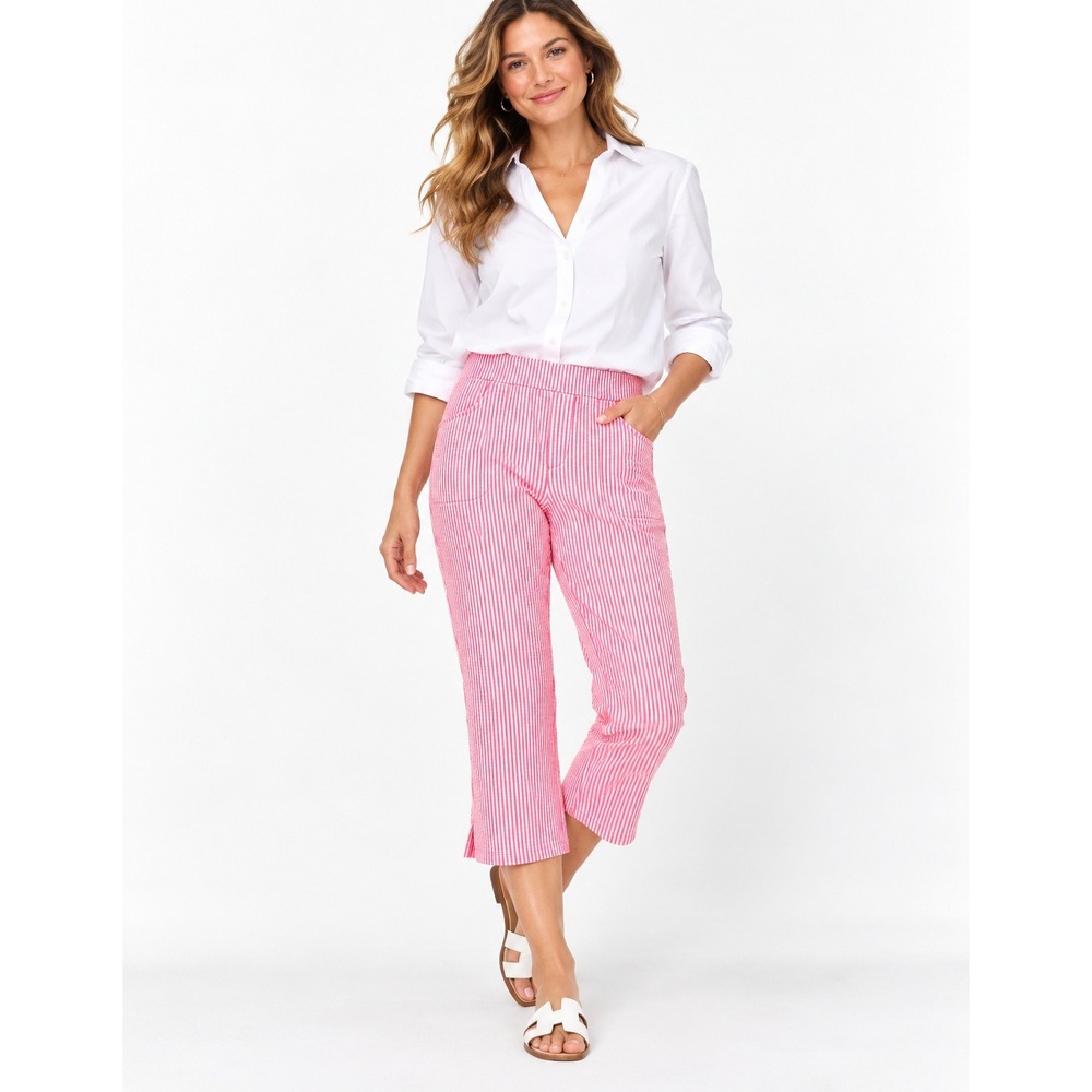 Quacker Factory Pink White Seersucker Striped Crop Pants Womens Medium M